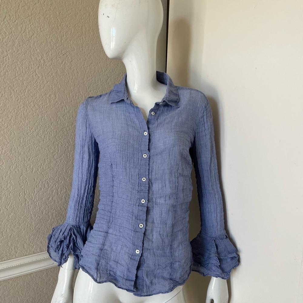 SCERVINO STREET NEW! Blue Pinstriped Crinkled Cotton Button Front Shirt Sz US 10